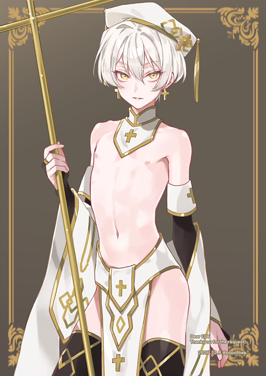 1boy, blonde_hair, bridal_gauntlets, commentary_request, commission, cross, cross_earrings, cross_print