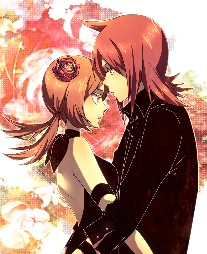 1girl, alternate_costume, brown_hair, costume, couple, flower, hair_flower, hair_ornament
