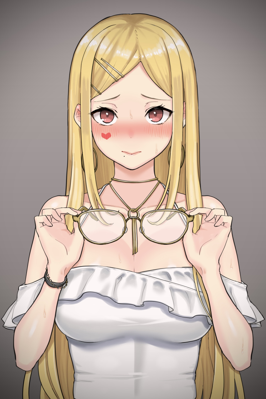 1girl, akkgsyk, bangs, bare_shoulders, blonde_hair, blush, bracelet, breasts
