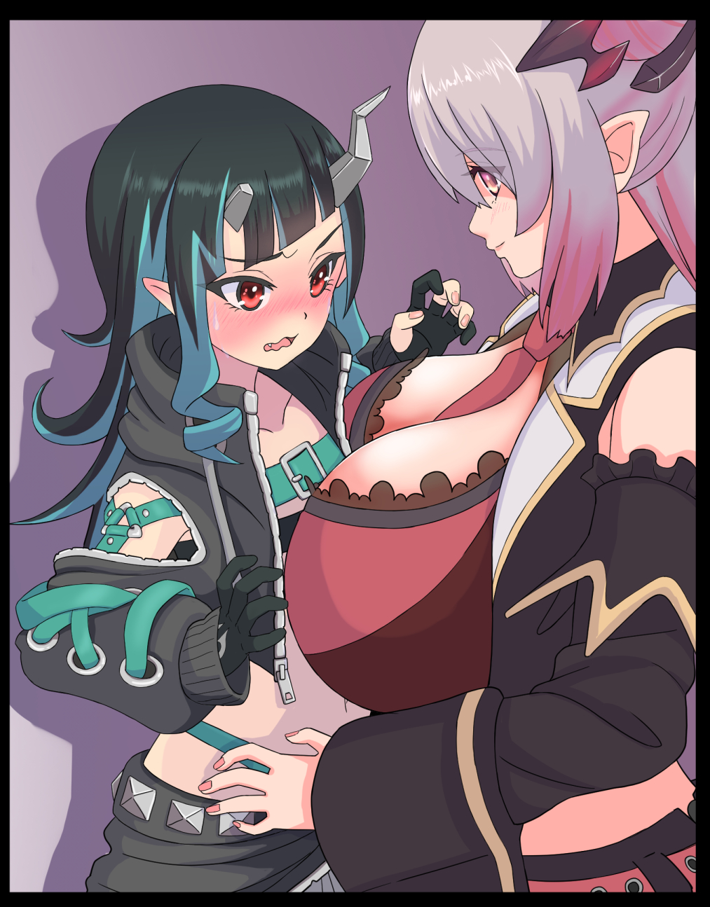 2girls, @_@, bangs, belt, beltbra, between_breasts, black_border, black_gloves