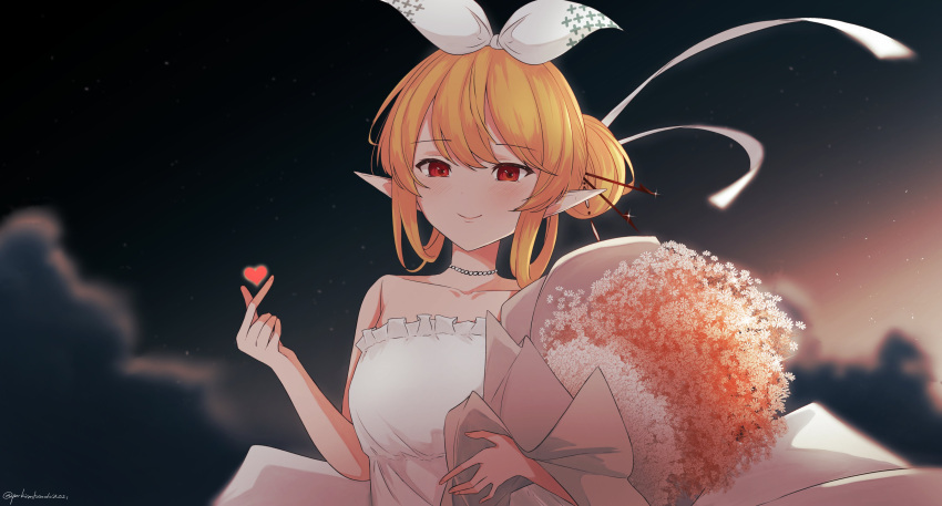 absurdres, bangs, bare_shoulders, blonde_hair, blush, bouquet, bow, breasts