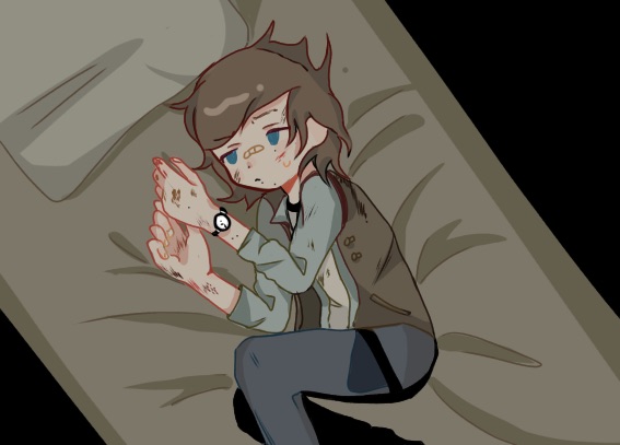 1boy, bandaid, bed, blue_eyes, bored, brown_hair, carl_grimes, denim