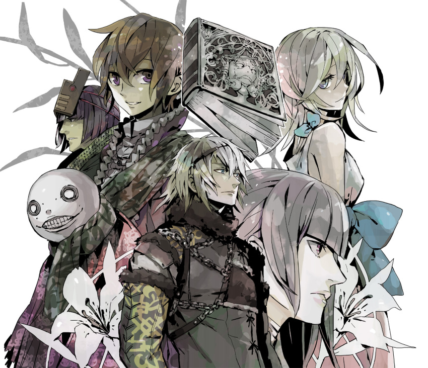 bandages, closed_mouth, commentary, emil_(nier), flower, grimoire_weiss, highres, kaine_(nier)