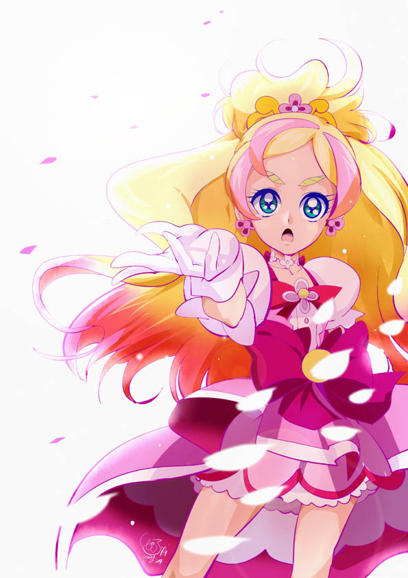 1girl, :o, blonde_hair, bow, brooch, cowboy_shot, cure_flora, earrings