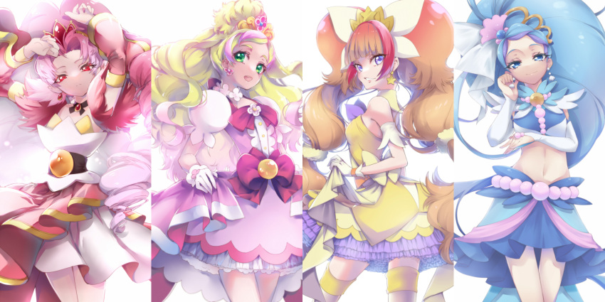4girls, absurdres, akagi_towa, amanogawa_kirara, arm_warmers, arms_up, back_bow, bangs