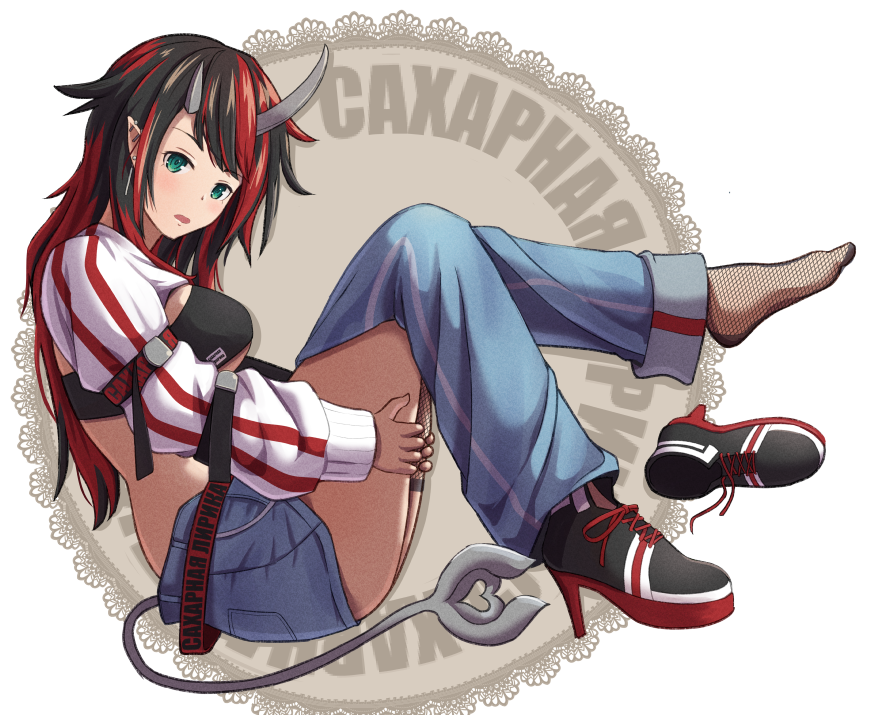 1girl, bangs, black_hair, blue_pants, blue_shorts, blush, breasts, commentary_request