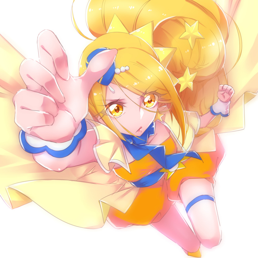 1girl, blonde_hair, blue_headwear, blue_scarf, clenched_hand, closed_mouth, cure_etoile, earrings