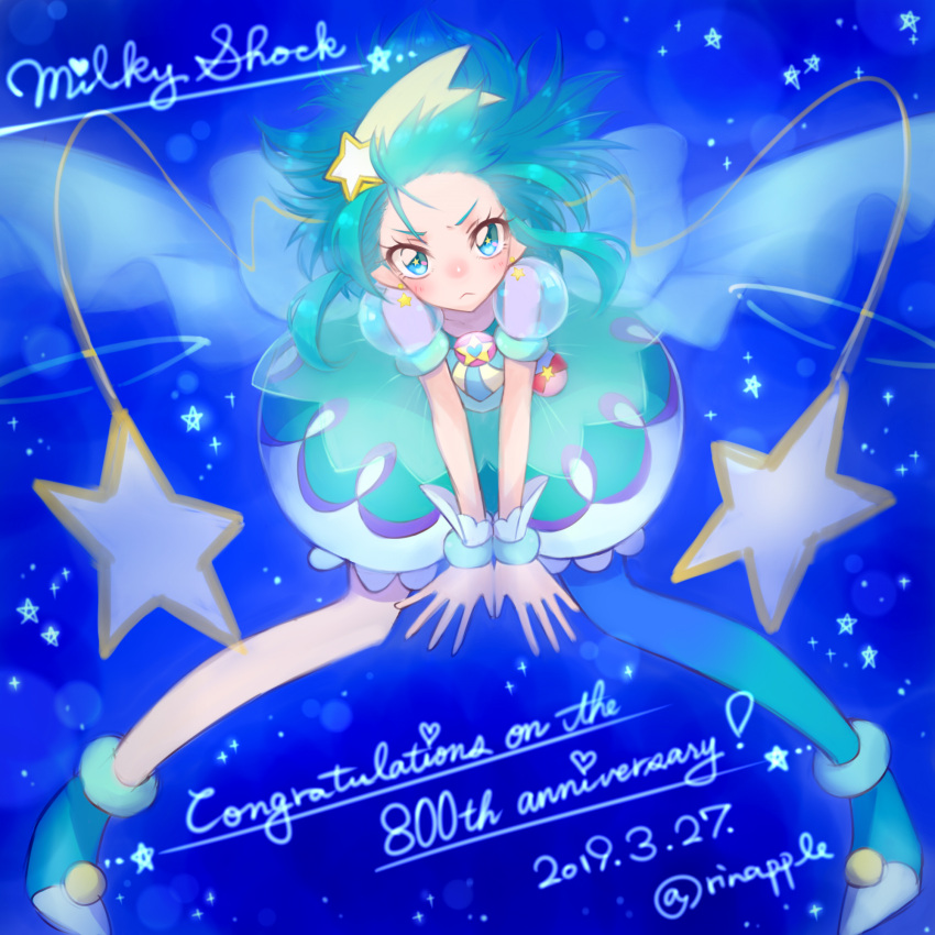 1girl, anniversary, blue_background, blue_eyes, blue_footwear, blue_hair, blue_legwear, blue_skirt