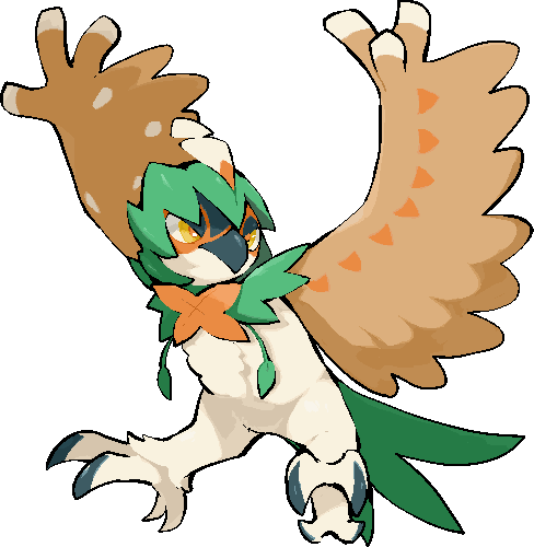 arms_up, beak, closed_mouth, commentary_request, decidueye, full_body, kawaanago, looking_to_the_side