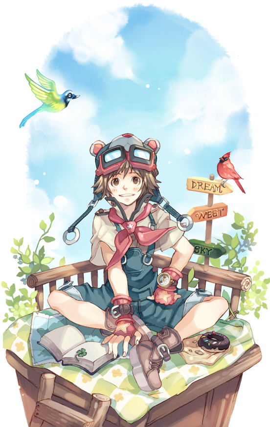 aviator_cap, bird, book, boots, brown_eyes, brown_hair, cardinal, cloud