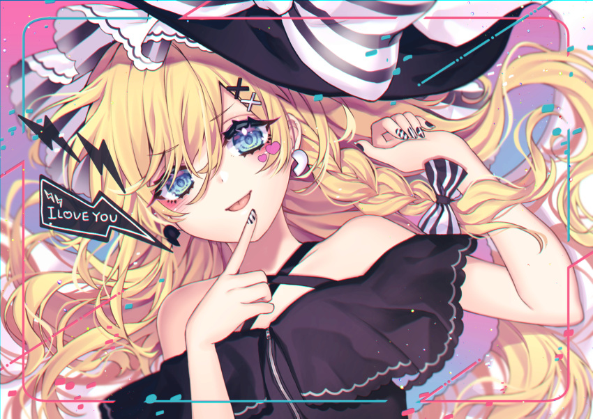 1girl, alternate_costume, bare_shoulders, black_bow, black_dress, black_headwear, black_nails, blonde_hair
