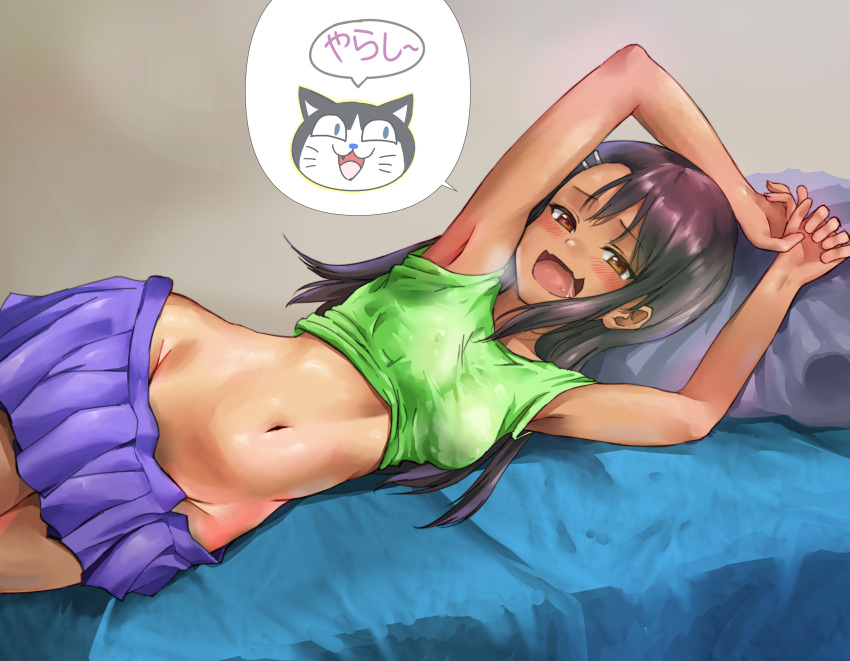 1girl, absurdres, alternate_costume, armpits, black_hair, breasts, brown_eyes, cat, check_commentary, clothes_lift, commentary_request, dark_skin, goldowl, hair_ornament, hairclip, highres, ijiranaide_nagatoro-san, indoors, looking_at_viewer, lying, nagatoro_hayase, navel, on_bed, on_side, open_mouth, pillow, shirt_lift, skirt, small_breasts, solo, stomach