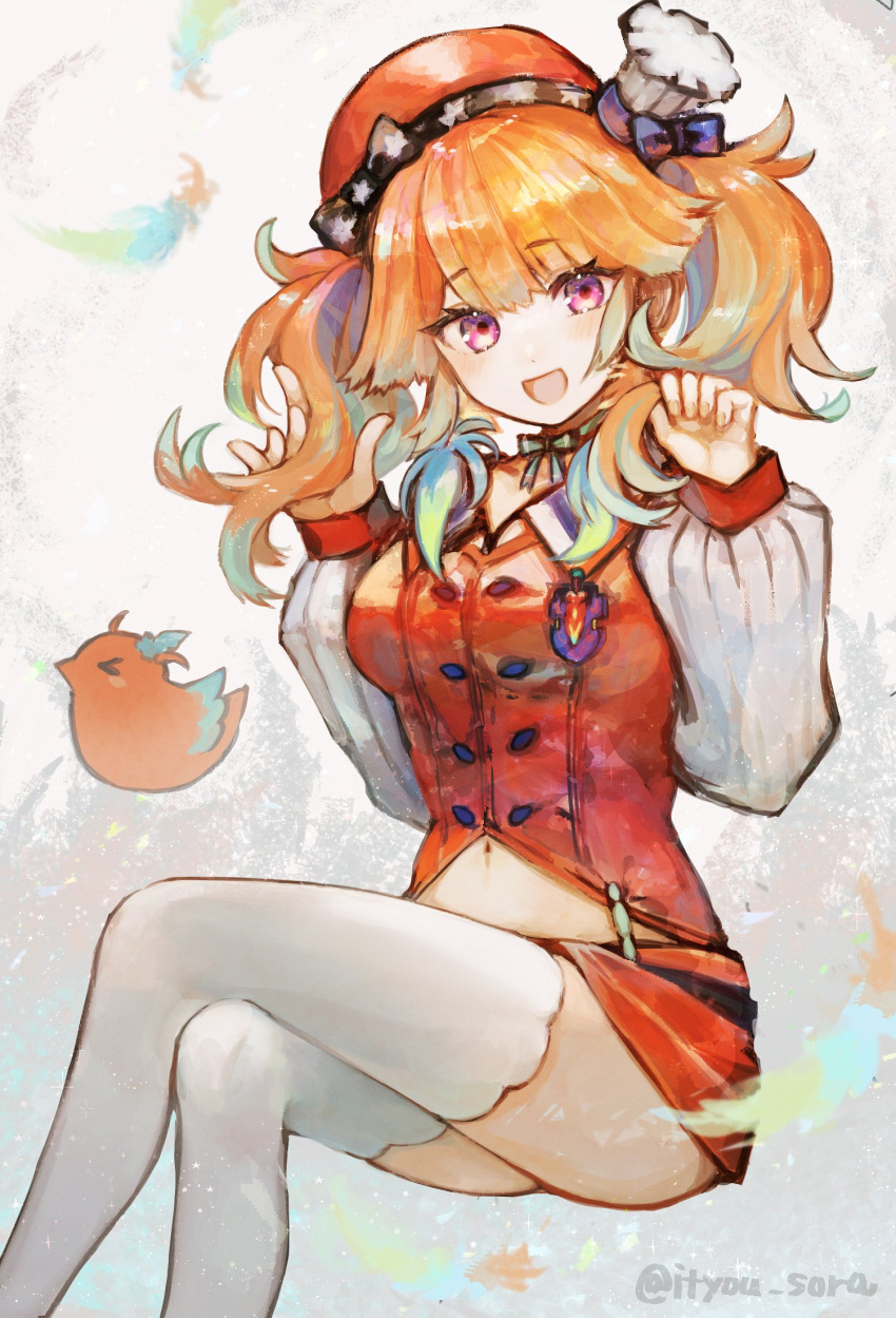 akikaze_(pokekinokokikaku), alternate_hairstyle, beret, chef_hat, crossed_legs, detached_sleeves, eyebrows_visible_through_hair, hat, highres, hololive, hololive_english, kotori_(takanashi_kiara), midriff_peek, navel, open_mouth, orange_headwear, orange_skirt, skirt, smile, takanashi_kiara, thigh-highs, twintails, violet_eyes, virtual_youtuber, white_headwear, white_legwear