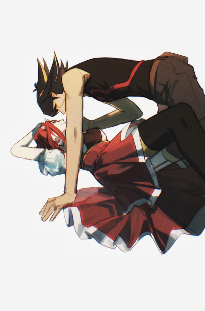 1boy, 1girl, 2rzmcaizerails6, absurdres, arm_up, black_hair, black_legwear, black_pants, black_shirt, blonde_hair, boy_on_top, couple, eye_contact, fudou_yuusei, hetero, high-waist_skirt, highres, izayoi_aki, long_hair, looking_at_another, lying, miniskirt, on_back, pants, pleated_skirt, print_shirt, red_skirt, redhead, shirt, short_sleeves, simple_background, sketch, skirt, sleeveless, sleeveless_shirt, spiky_hair, thigh-highs, white_background, yu-gi-oh!, yu-gi-oh!_5d's