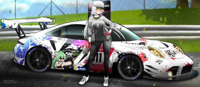 1girl, absurdres, akashi_(azur_lane), azur_lane, baseball_cap, car, full_body, glasses, gloves, gran_turismo, ground_vehicle, hat, highres, jacket, logo, looking_at_viewer, michelin, motor_vehicle, nurburgring, porsche, porsche_911, prinz_eugen_(azur_lane), racetrack, shoes, sneakers, spoiler_(automobile), vehicle_focus, zyrex