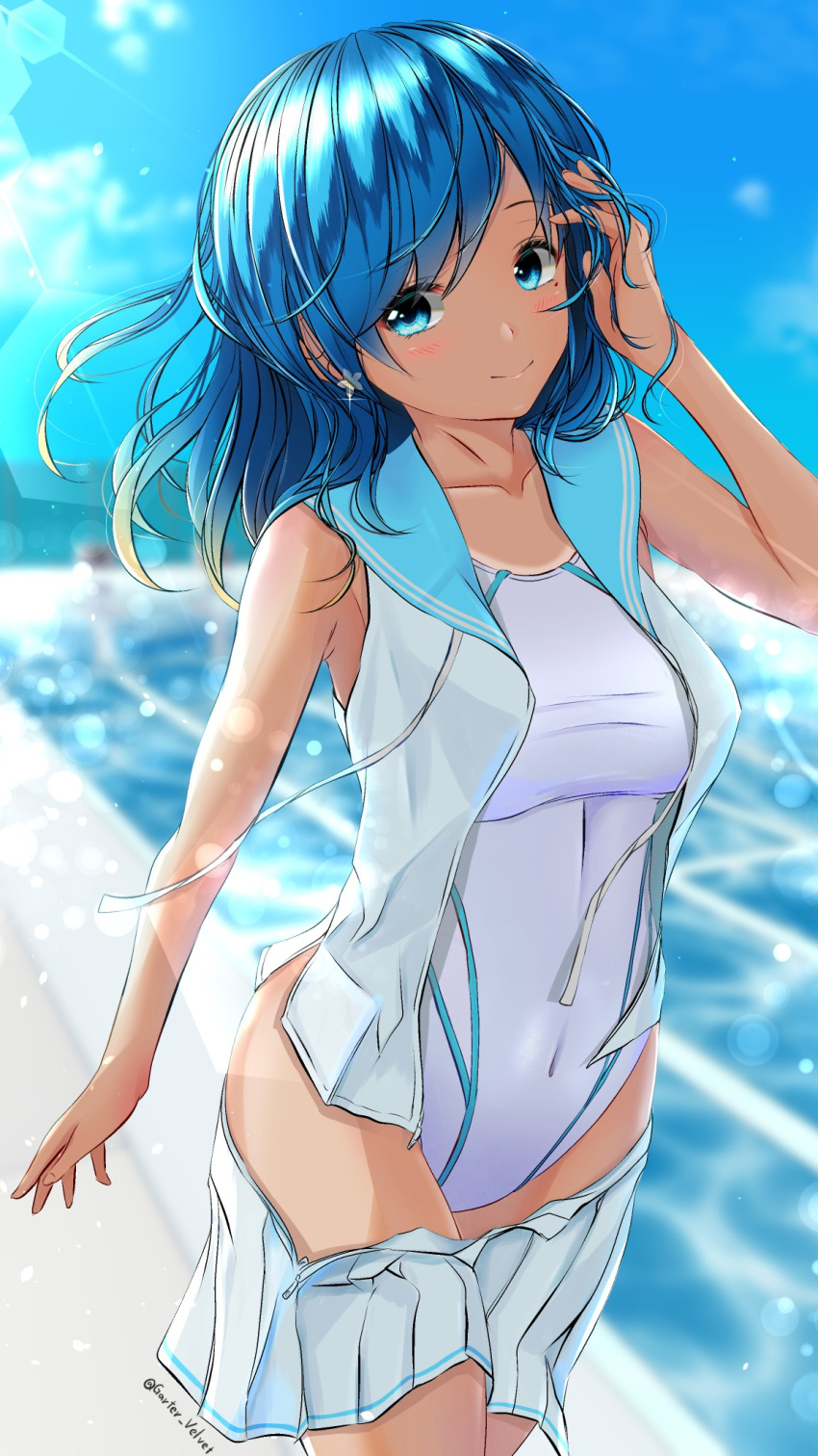1girl, aigami_shion, bare_arms, blue_eyes, blue_hair, blue_sailor_collar, blue_sky, blurry