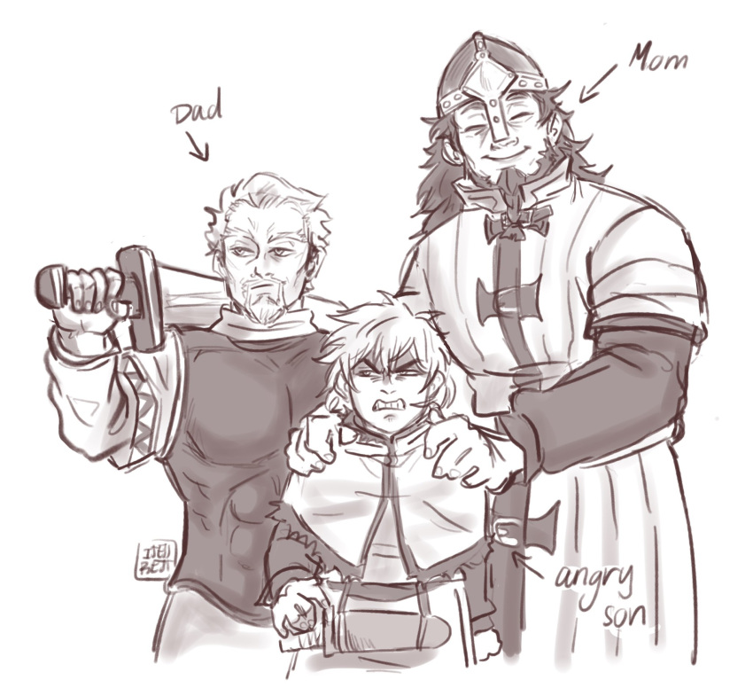 3boys, armor, askeladd, beard, bjorn_(vinland_saga), breastplate, facial_hair, fur_trim, helmet, highres, ijessbest, long_hair, long_sleeves, monochrome, multiple_boys, short_hair, sword, thorfinn, tunic, viking, vinland_saga, weapon