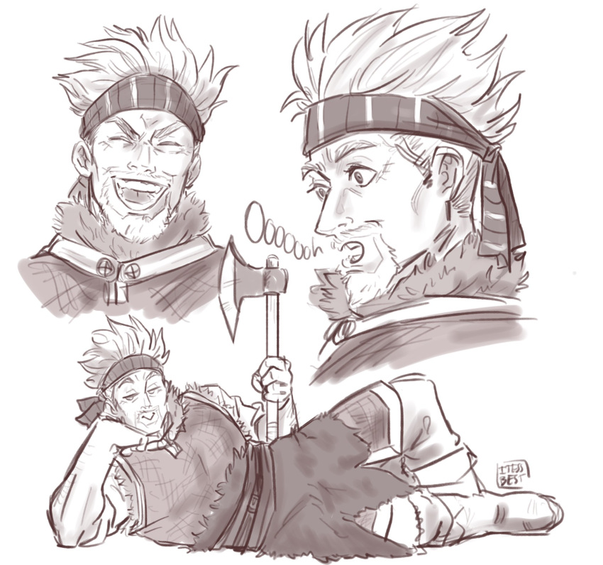 1boy, axe, bandana, bangs_pinned_back, beard, facial_hair, fur_trim, highres