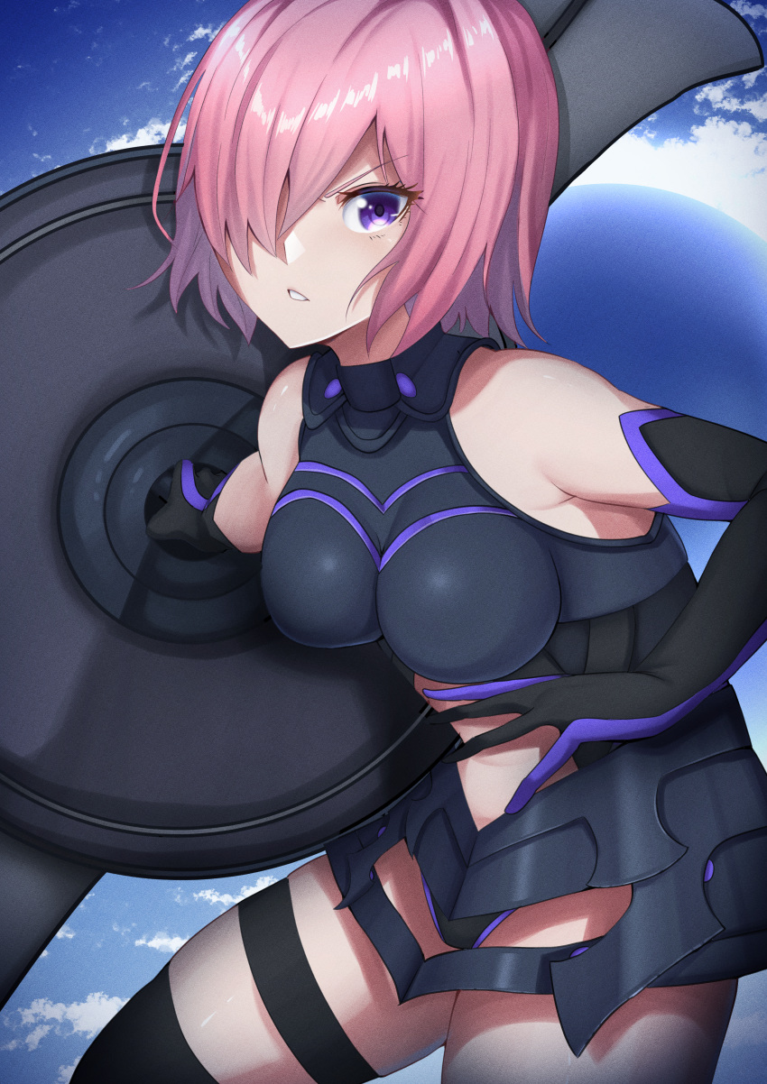 1girl, absurdres, armor, armored_leotard, bare_shoulders, black_armor, black_leotard, blue_sky