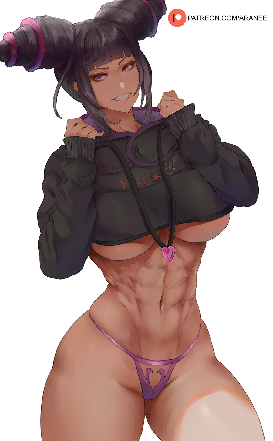 1girl, abs, araneesama, bangs, black_hair, breasts, drill_hair, grin, han_juri, highres, large_breasts, long_hair, long_sleeves, looking_at_viewer, navel, sidelocks, smile, solo, street_fighter, thighs, twin_drills, under_boob, violet_eyes