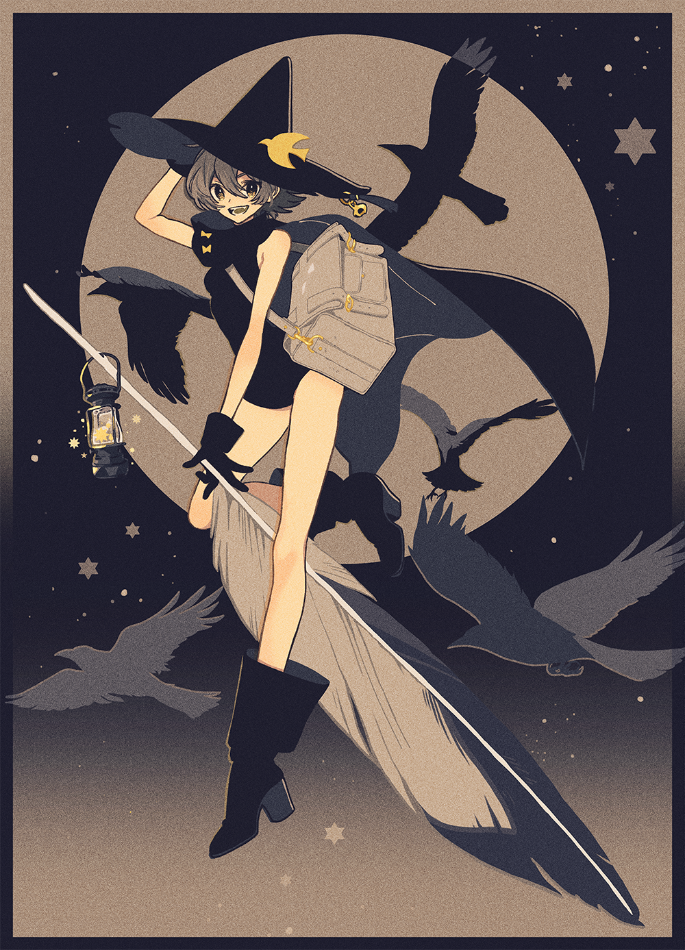 1girl, arm_up, bag, bare_legs, black_dress, black_footwear, black_gloves, black_headwear, boots, brown_hair, dress, feathers, gloves, gradient_border, grey_bag, hair_ornament, hat, highres, keishin, lantern, looking_at_viewer, open_mouth, original, oversized_object, short_hair, shoulder_bag, sleeveless, sleeveless_dress, smile, solo, wide_shot, witch_hat