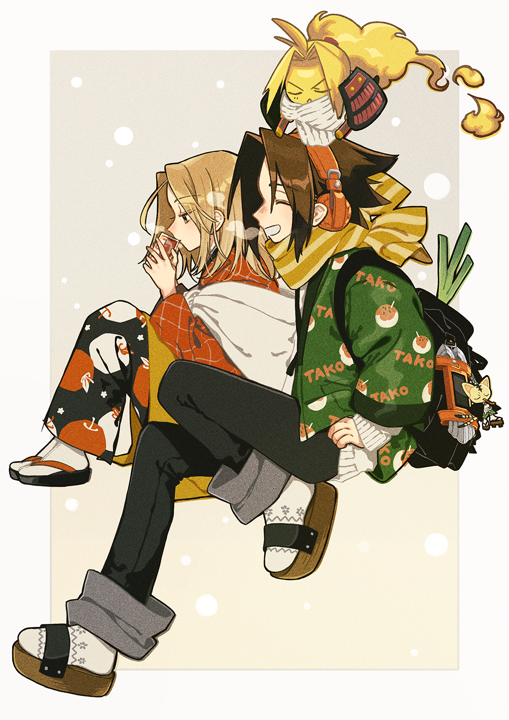 1girl, 2boys, amidamaru, asakura_you, black_pants, brown_hair, character_request, check_character, closed_eyes, full_body, headphones, highres, invisible_chair, keishin, kyouyama_anna, light_brown_hair, multiple_boys, orange_headphones, pants, profile, sandals, shaman_king, sitting, socks, sweater, white_legwear