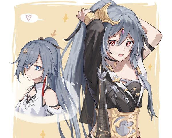 2girls, :d, adjusting_hair, bangs, border, china_dress, chinese_clothes, closed_mouth, dress, dual_persona, ffg-571, fu_hua, fu_hua_(azure_empyrea), fu_hua_(herrscher_of_sentience), hair_between_eyes, hair_ornament, heart, holding, holding_hair, honkai_(series), honkai_impact_3rd, long_hair, looking_at_viewer, multiple_girls, open_mouth, ponytail, single_sleeve, smile, white_border, white_dress, yellow_background
