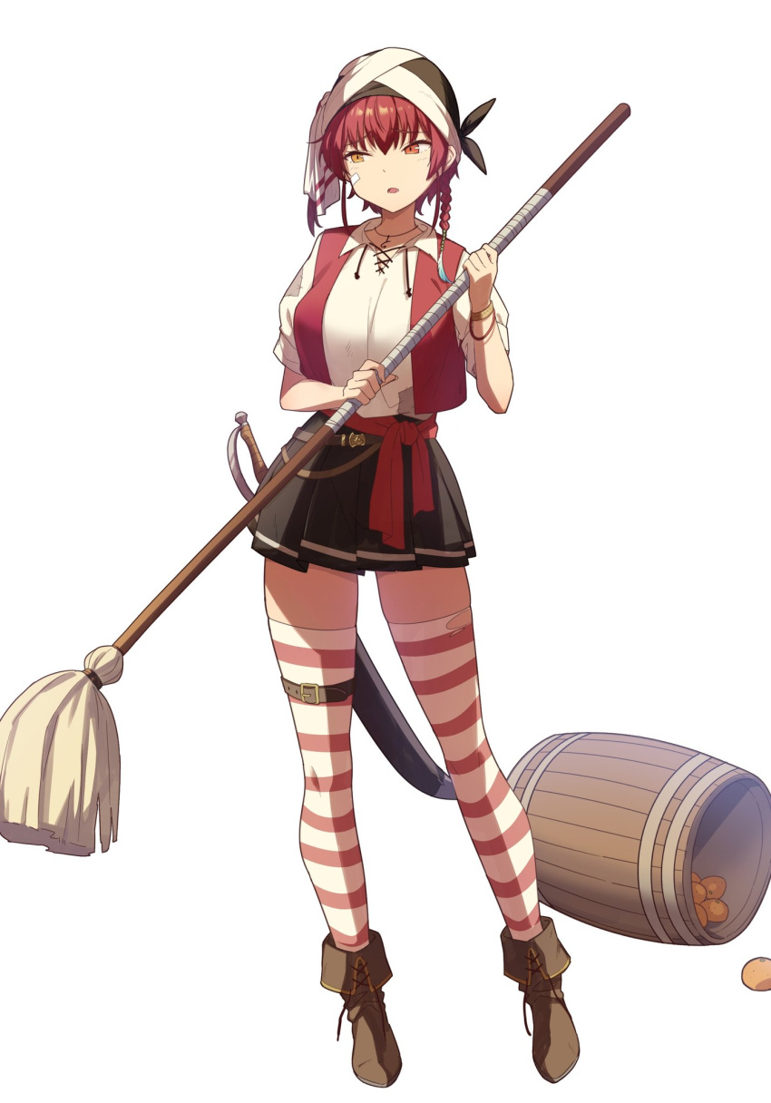 1girl, alternate_costume, asymmetrical_hair, bandaid, bandaid_on_cheek, bandana, barrel, belt