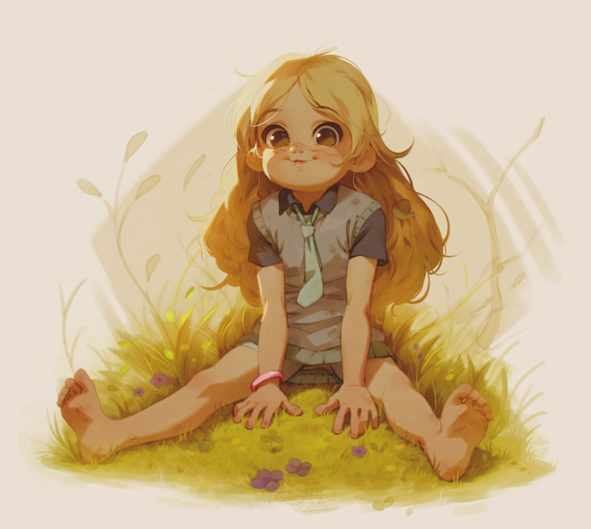 1girl, alkemanubis, aqua_necktie, aqua_skirt, barefoot, blonde_hair, bracelet, brown_eyes