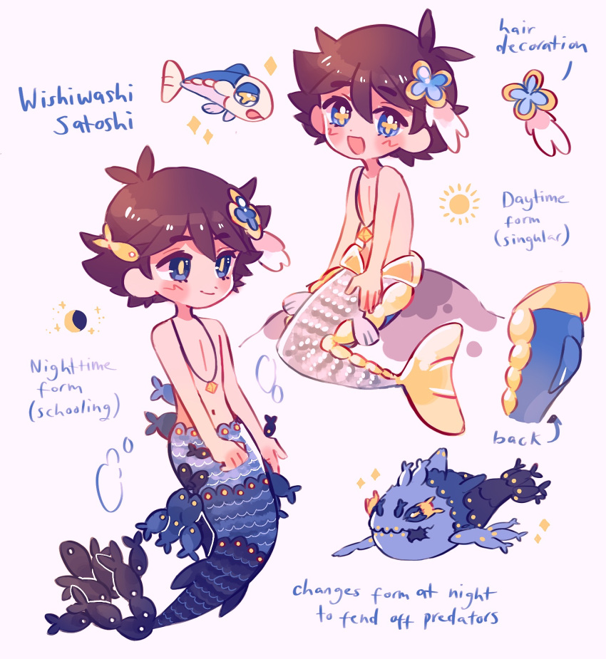 +_+, 1boy, :d, arrow_(symbol), ash_ketchum, bangs, blue_eyes, brown_hair, catsubun_(kkst0904), character_name, closed_mouth, commentary_request, cosplay, english_text, hair_ornament, highres, jewelry, male_focus, merman, monster_boy, multiple_views, navel, necklace, open_mouth, pokemon, pokemon_(anime), pokemon_sm_(anime), short_hair, smile, topless_male, white_background, wishiwashi, wishiwashi_(cosplay), wishiwashi_(school), wishiwashi_(solo), yellow_pupils