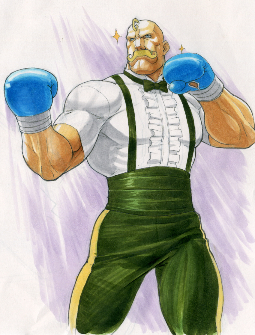 alex_louis_armstrong, blue_eyes, boxing_gloves, capcom, cosplay, dudley, dudley_(cosplay), facial_hair, fullmetal_alchemist, gloves, gorigo, graphite_(medium), highres, male, manly, marker_(medium), muscle, mustache, solo, sparkle, street_fighter, street_fighter_iii:_3rd_strike, street_fighter_iv, traditional_media