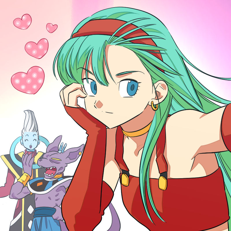1girl, 2boys, aqua_hair, argyle, arm_support, bangs, bare_shoulders, beerus