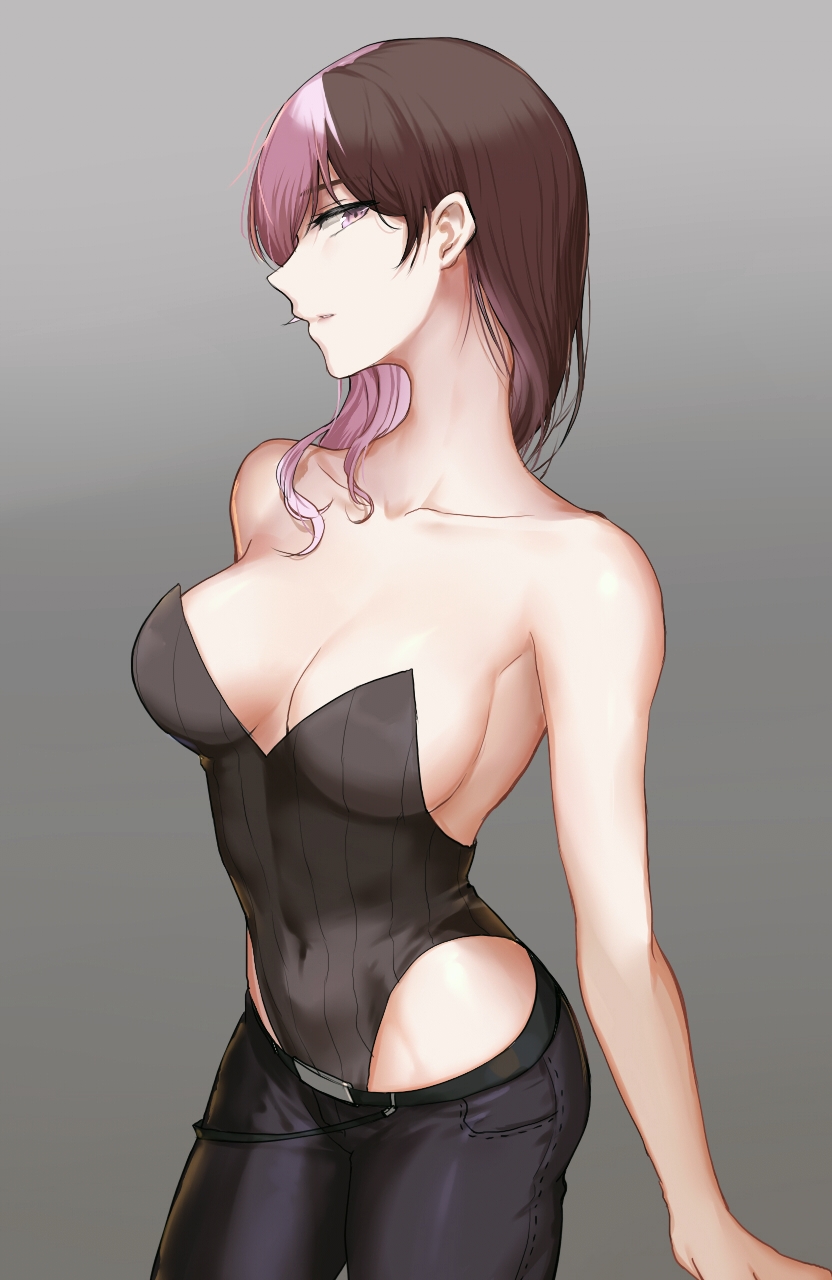 1girl, bare_shoulders, belt, black_belt, black_pants, breasts, breasts_apart, brown_hair