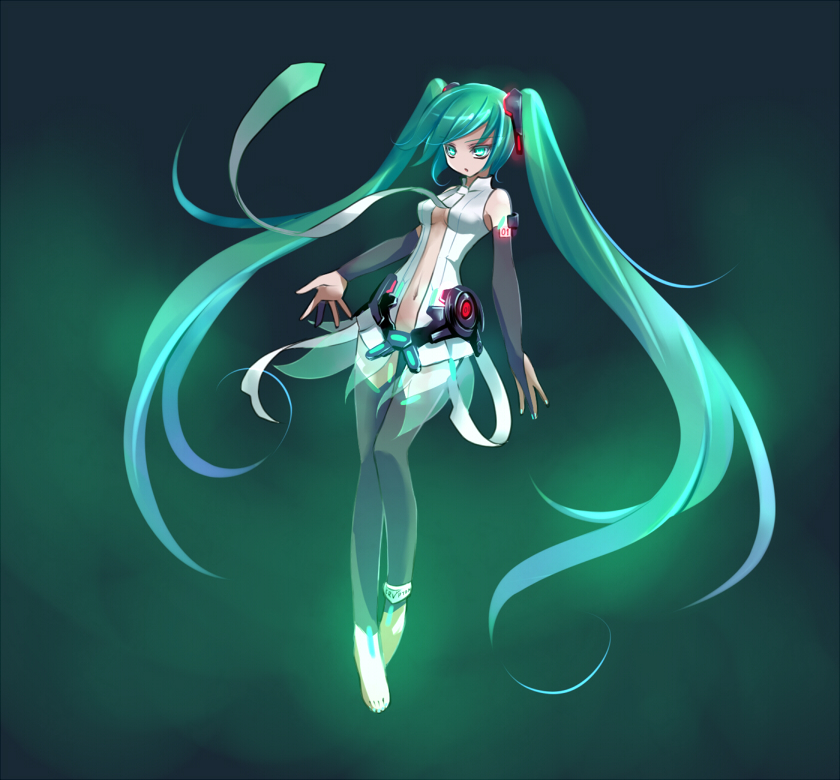 aqua_eyes, aqua_hair, barefoot, bridal_gauntlets, hatsune_miku, hatsune_miku_(append), joey_(lilinjunyi), joey_(pixiv), long_hair, miku_append, navel, necktie, solo, thigh-highs, thighhighs, twintails, very_long_hair, vocaloid, vocaloid_append