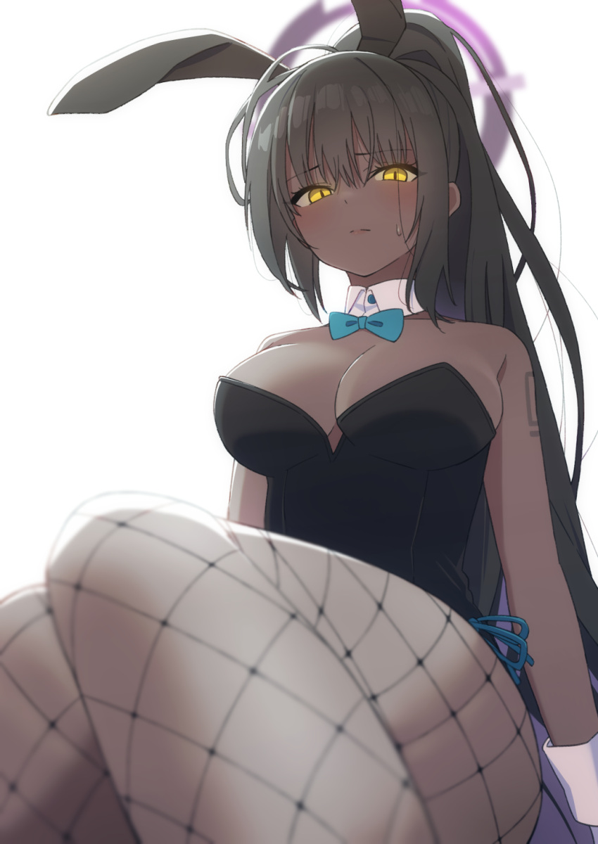 1girl, afnroll, animal_ears, bangs, black_hair, blue_archive, blush, breasts, dark-skinned_female, dark_skin, detached_collar, fake_animal_ears, fishnet_legwear, fishnets, foreshortening, halo, highres, karin_(blue_archive), large_breasts, leotard, long_hair, looking_at_viewer, playboy_bunny, ponytail, rabbit_ears, simple_background, slit_pupils, solo, sweatdrop, tattoo, wrist_cuffs, yellow_eyes