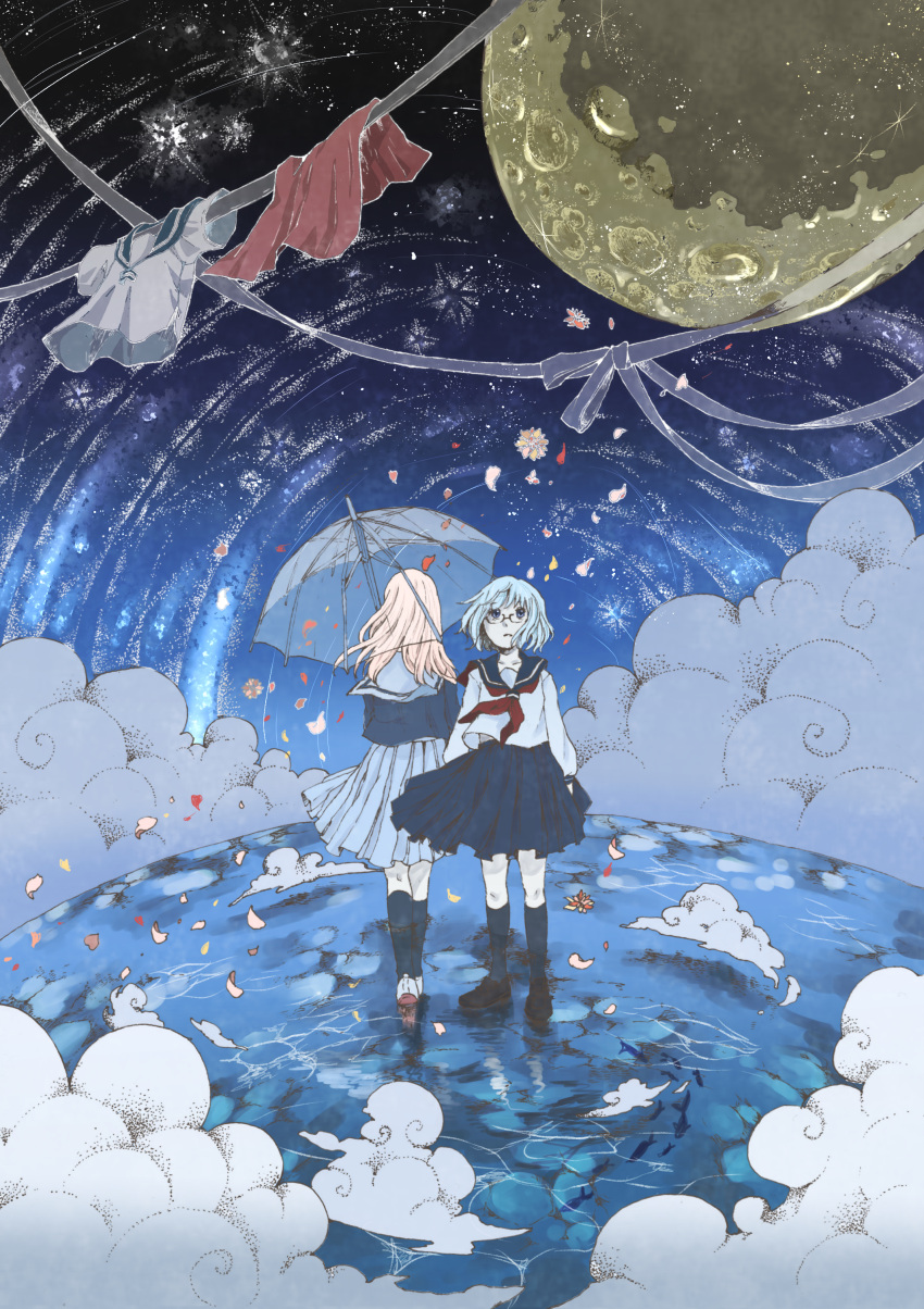 2girls, absurdres, bangs, black_footwear, black_sky, blue_eyes, blue_hair, blue_legwear, blue_sailor_collar, blue_shirt, blue_skirt, blue_sky, clothesline, clouds, cocoroppy, commentary, facing_away, fish, flower, from_behind, full_body, glasses, gradient_sky, highres, holding, holding_umbrella, kneehighs, long_hair, looking_at_viewer, moon, multiple_girls, neckerchief, original, parted_lips, petals, pink_hair, planet, pleated_skirt, red_neckerchief, sailor_collar, school_uniform, serafuku, shirt, shoes, short_hair, skirt, sky, space, standing, standing_on_liquid, star_(sky), starry_sky, surreal, transparent, transparent_umbrella, umbrella, water, white_footwear, white_shirt, wide_shot