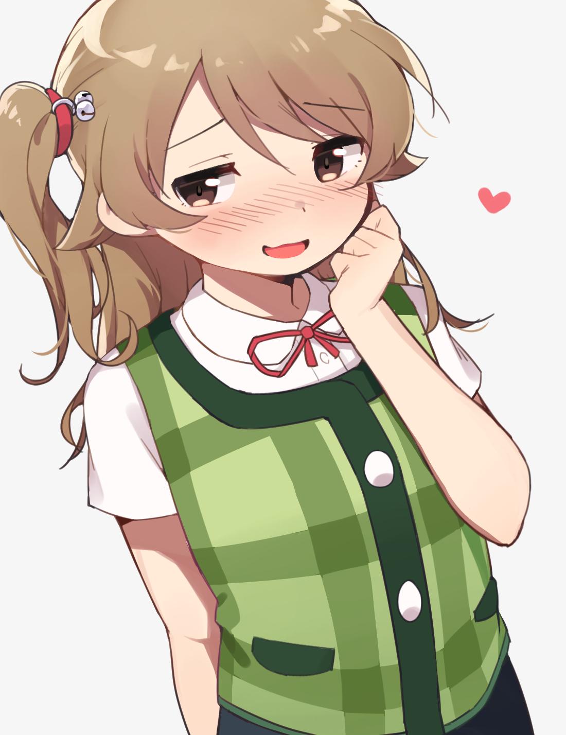 1girl, animal_crossing, bangs, bell, blush, brown_eyes, brown_hair, cosplay