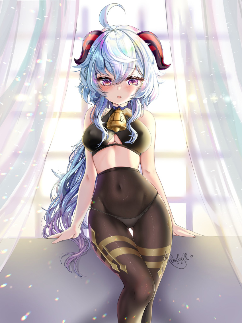 ahoge, arm_support, artist_name, ass_visible_through_thighs, bangs, bell, black_legwear, blue_hair