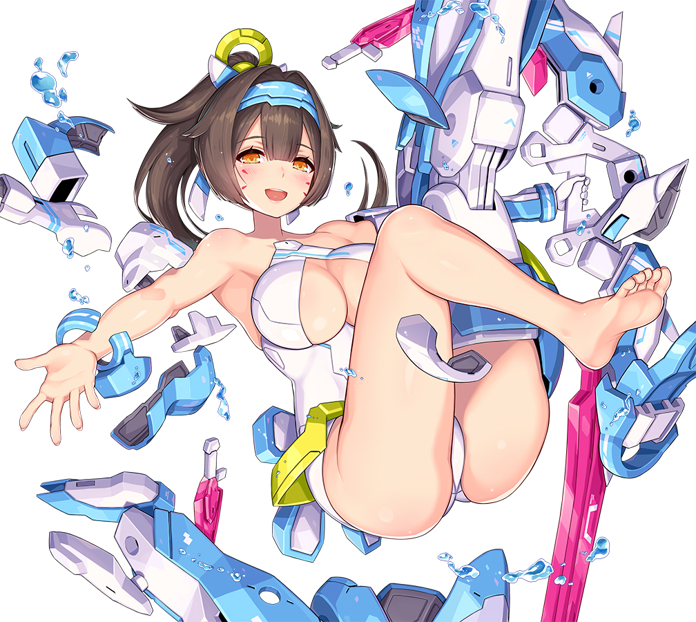 1girl, armor, asura_archer_aoi, bare_arms, blush, brown_hair, headband, legs_up