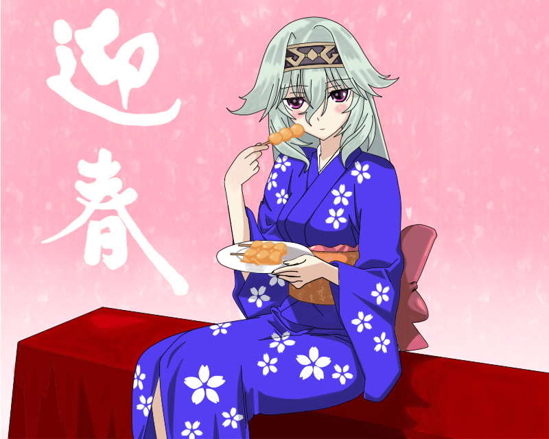 dyshana, food, green_hair, headband, record_of_agarest_war, yukata