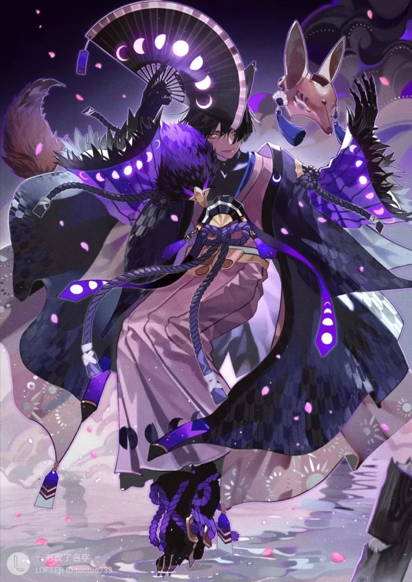 1boy, animal_ears, black_hair, claws, fox_ears, fox_mask, glowing, hand_fan