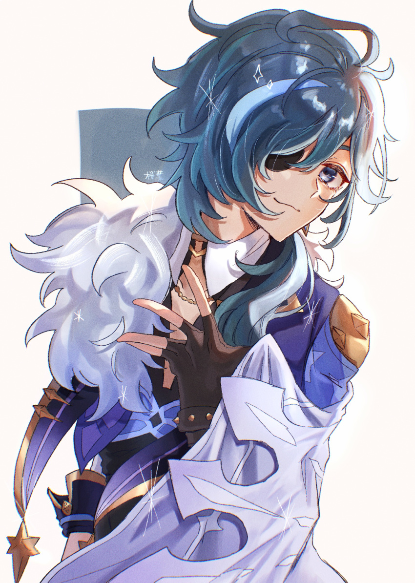 1boy, ahoge, bangs, black_gloves, blue_eyes, blue_hair, commentary_request, earrings