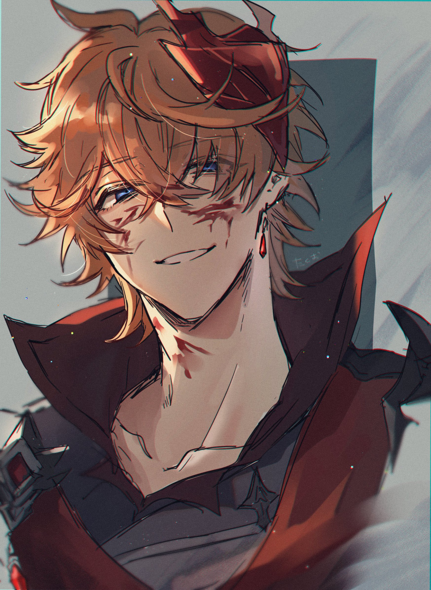 1boy, bangs, blood, blood_on_face, blue_eyes, commentary_request, earrings, eyebrows_visible_through_hair, genshin_impact, hair_between_eyes, highres, jacket, jewelry, looking_at_viewer, male_focus, mask, mask_on_head, orange_hair, parted_lips, red_scarf, sakuraba_taku, scarf, signature, simple_background, single_earring, solo, tartaglia_(genshin_impact), upper_body