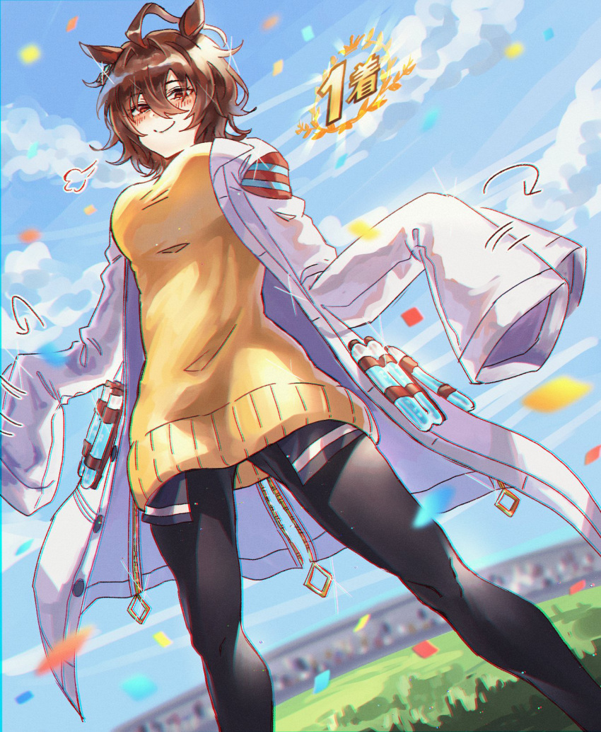 =3, agnes_tachyon_(umamusume), ahoge, animal_ears, bangs, black_legwear, blush, breasts