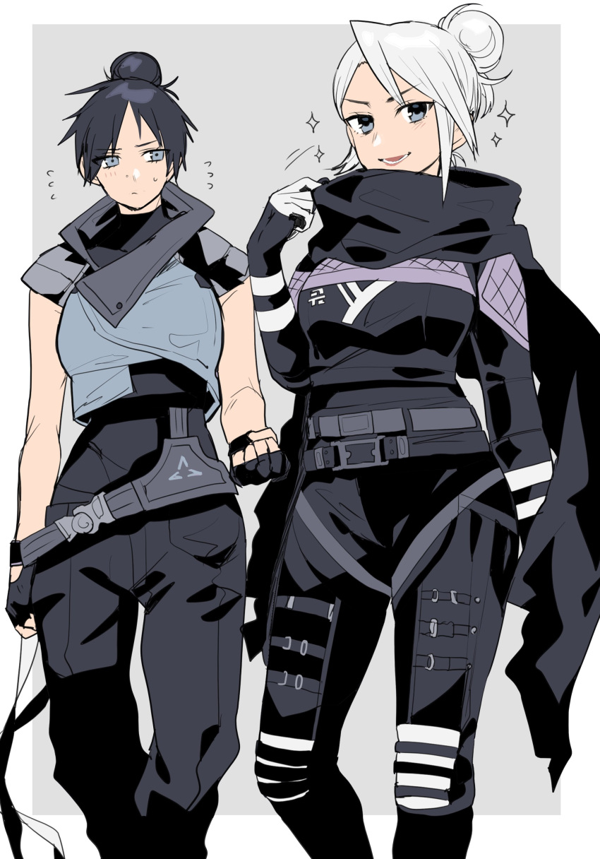 2girls, absurdres, apex_legends, belt, black_belt, black_bodysuit, black_gloves, black_hair