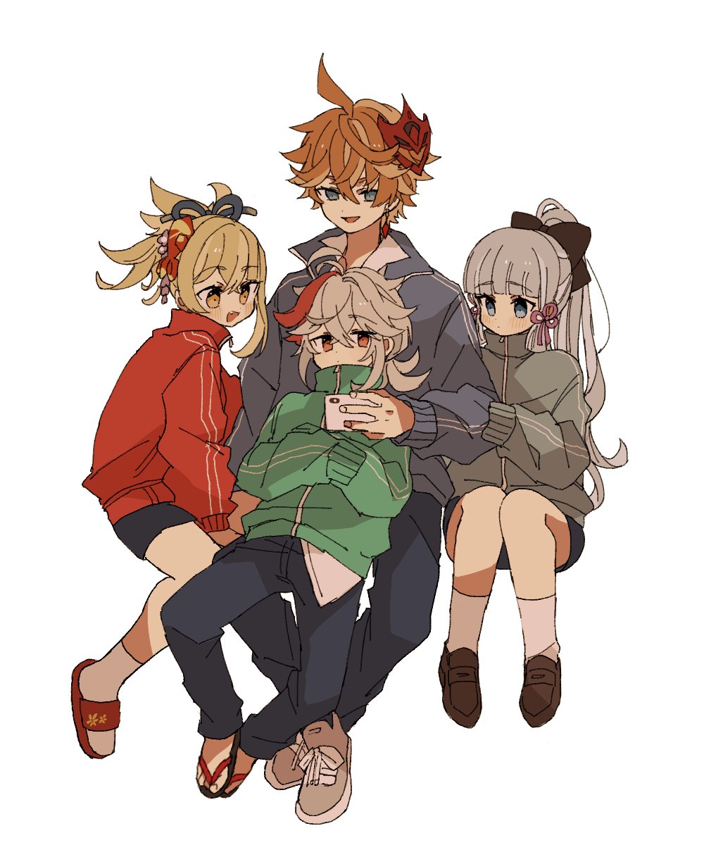 2boys, 2girls, alternate_costume, bangs, blonde_hair, blue_eyes, blue_jacket, blunt_bangs