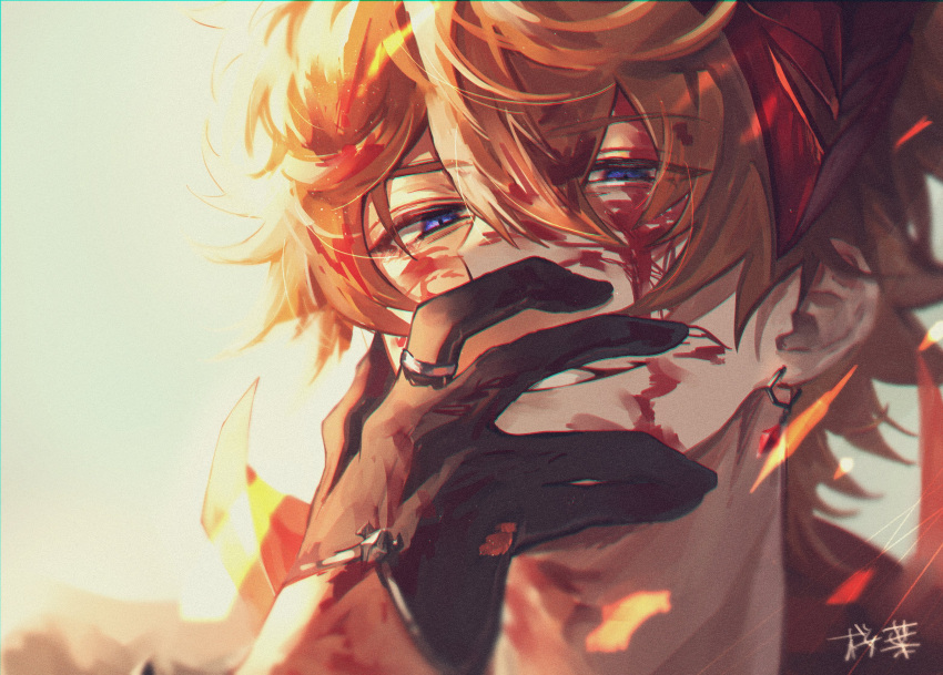 1boy, bangs, black_gloves, blood, blood_on_face, blue_eyes, commentary_request, earrings, eyebrows_visible_through_hair, genshin_impact, gloves, hair_between_eyes, highres, jacket, jewelry, looking_at_viewer, male_focus, mask, mask_on_head, orange_hair, parted_lips, portrait, ring, sakuraba_taku, signature, simple_background, single_earring, solo, tartaglia_(genshin_impact)