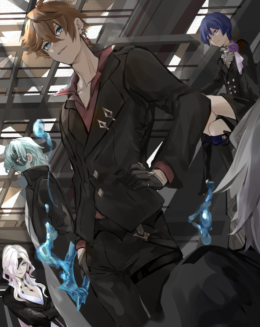 1girl, 3boys, alternate_costume, bangs, black_gloves, black_jacket, black_pants, breasts