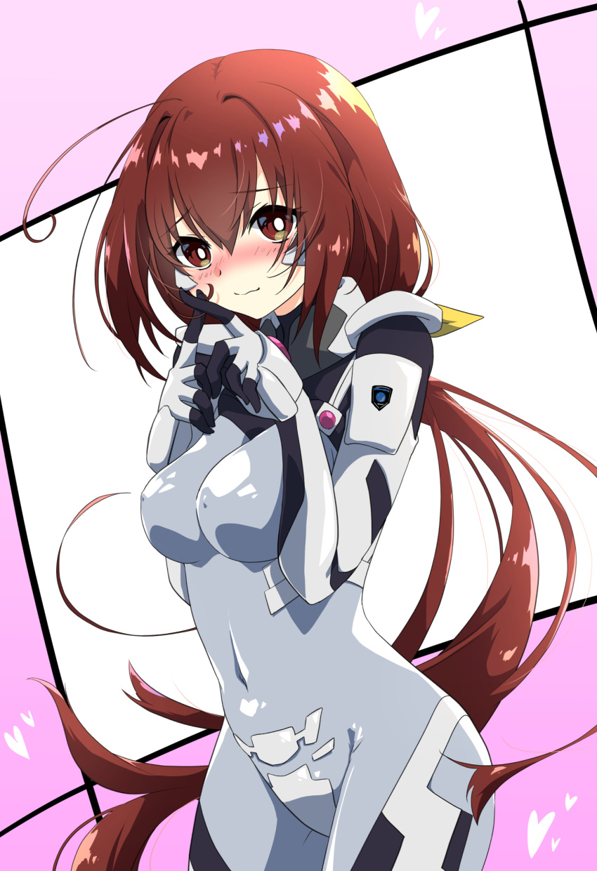 1girl, ahoge, blush, bodysuit, bright_pupils, covered_navel, covered_nipples, embarrassed