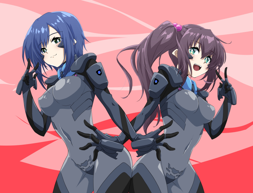 blue_eyes, blue_hair, bodysuit, breasts, bright_pupils, brown_hair, covered_navel, covered_nipples, eyebrows_visible_through_hair, fortified_suit, green_eyes, hair_behind_ear, highres, kamon_rider, kashiwagi_haruko, leaning_forward, long_hair, looking_at_viewer, looking_to_the_side, medium_breasts, muvluv, muvluv_alternative, muvluv_alternative_(anime), open_hand, red_background, short_hair, side_ponytail, tsukiji_tae, v, white_pupils